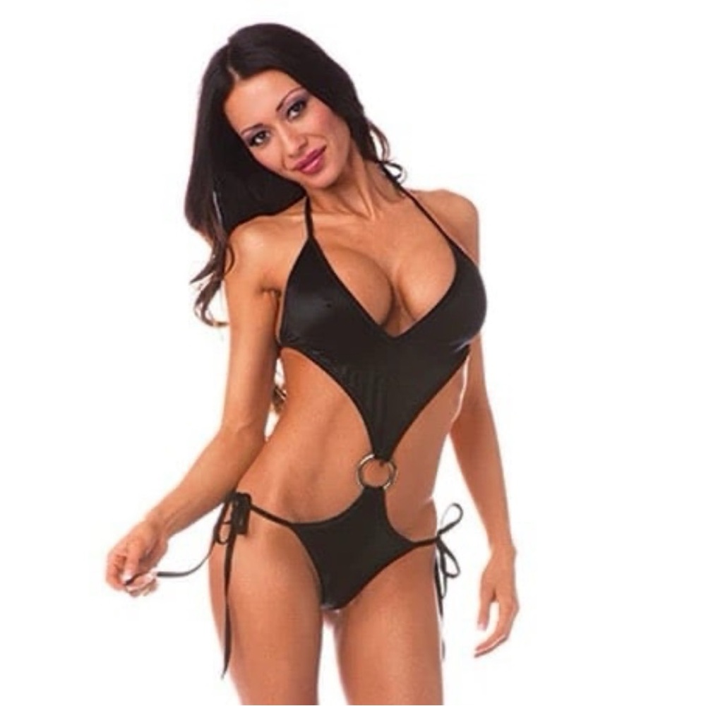 NWT Sexy Skimpy Bodyzone V Front O-Ring Black Scrunchy Butt Adult Monokini OSFM